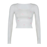 Feel Pink Bow Tie Square Collar Long-Sleeved T-Shirt 2023 Autumn And Winter New Slim Basic Casual Blouse-Outfit
