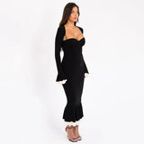 Solid Long Flared Two-piece Crop Sleeve Midi Dress-Outfit