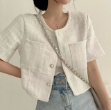 Chic O-neck Double Pockets Coat Women Summer Pearl Button Breasted Jackets Loose Short Sleeve Tweed Jacket-Outfit