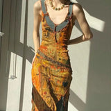 Vintage Oil Painting Slim Dresses Women's Elegant Folds V-Neck Patchwork Sleeveless Summer Tassel Irregular Midi Dress-Outfit