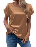 Women's Short-Sleeved Satin Shirt Loose Casual Round-Collar Satin T-Shirt Women's Spring / Summer 2024 New Style-Outfit