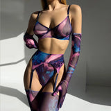 Mesh Printed Tie Dye Lingerie Set With Stocking Sleeve-Outfit
