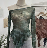 Millennial Y2k Babes Oblique Shoulder Thin Mesh Print Top Irregular Lotus Leaf Side Ribbon Short T-Shirt