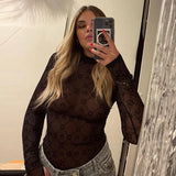 2024 Summer Women's New Sexy Mesh Perspective Thin Half-High Collar Long-Sleeved Bottom