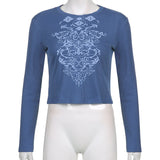 Dark Casual Gothic Vintage Printing Women T-shirts Grunge E-girl Long Sleeve Punk Cropped Tops Bodycon Ribbed Autumn