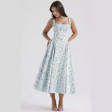 Fongt 24 Years Broken Flower Bohemian Wind Waist Show Thin Back Holiday Wind Sling Medium Long Dress 88104-Outfit