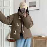 2023 New Winter Down Cotton Jacket Women's Short Jacket Small Korean Horn Button Milk Fufu Cotton-Padded Jacket-Outfit
