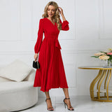 Fongt Thin Women's New Long-Sleeved Slim 100-Folded Belt V-Neck Dress A-Dress