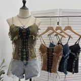 Real Shooting Do The Old Fur Side Of The Denim Splicing Pu Skin Lace Sling Vest Short Without Sleeve Top