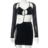 Sexy Bikini Fake Two Piece Set Hollow Out Women's Dress Halter Long Sleeve Backless Bandage Mini Dresses 2022 Summer Beach