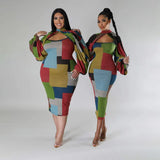 Fongt New Fashion Splicing Color Print Long-Sleeved Large-Size