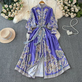 Fongt Retro High-End Lantern Long-Sleeved Print Dress Female Light Luxury Elegant Single Buckle Waist Swing Dress
