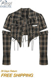 New Women Fashion Vintage Plaid Shirt Hollow Out Long Sleeve Zippers Streetwear Tide Crop Top Gothic Female Blouses