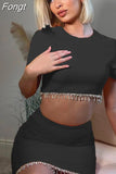 Summer Women Tassel Sexy Y2K Clothes 2 Piece Sets Short Sleeve Crop T Shirts High Waist Mini Skirt Outfits Club