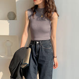 High Collar Sexy Tank Tops Women Sleeveless Knitted Vest Female Elasticity Solid Slim Pullover 2024 Summer Solid Bottoming-Outfit