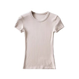 Summer New Women's Elastic Thread Solid Color T-Shirt Basic Short-Sleeved Large Round Neck Long Blouse-Outfit