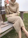 New 2022 Autumn Winter Women Dresses Turtleneck Oversize Drawstring Knitted Elegant Wild Ladies Long Dresses