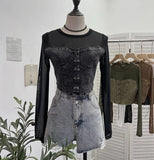 Real Shooting Denim Splicing Mesh Design Long-Sleeved T-Shirt Wearing Rope Tie Short Repair Body Coat