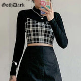 Dark Gothic Two Pieces Sets Skinny Black Turtleneck Long Sleeve Women Crop Tops T-shirts With Plaid Camisole