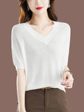 Ice Silk Knitted Tops Women Casual Loose V-neck Thin Knitwear T-shirts New Big Size 4xl Korean Short Sleeve Pullover