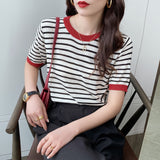 Silk Short-Sleeved Sweater Women's Thin Striped T-Shirt Large Size Korean Version Bottom Summer Half-Sleeved Chic Blouse-Outfit