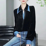 Solid Color Denim Spliced Blouse Commute Turn-down Collar 2023 Spring Autumn Women's Clothing Long Sleeve Straight Shirt-Outfit