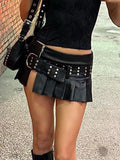 Fongt Cloth Forget Street Locomotive Rivet Splicing Belt Open 100 Folding Skirt Punk Style Thin Leather A Short Skirt