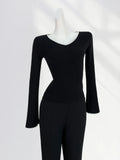 Fongt Temperament Commuter Black V Neck Nail Bead Sweater Women's New Early Spring Horn Sleeve Slim Long Sleeve Jacket-Outfit