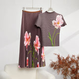 Fongt Fashion Set Women's Summer French High-Grade Folding Print Short-Sleeved Top + Loose A Word 100-Fold Long Skirt