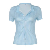 Fongt Commute Wind Fashion Stripe Buckle Bubble Sleeve Top Hottie Temperament Folding Braid Shirt