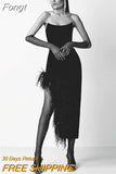 2023 New Summer Women'S Strapless Feather Design Sexy Tight Split Bandage Dress Elegant Celebrity Party Dress