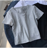 Fongt Women With Ins Tight Short Sleeve V-Neck Solid Color Short T-Shirt In Summer