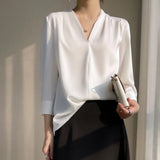 Fongt 2023 Summer Women's New Satin Shirt V-Neck Simple Nine-Minute Sleeve Temperament Versatile French Jacket-Outfit