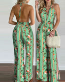 New Style Women Floral Print Long Jumpsuits Summer Sleeveless Deep V-neck Backless Halter Loose Jumpsuit For Holiday