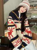 Reindeer Zipper Collar Printed Knitted Cardigan-Outfit