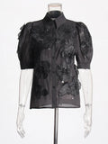 Fongt Temperament Elegant Wind Shirt 2024 Autumn New Nail Bead Three-Dimensional Flower Perspective Shirt Short-Sleeved Jacket Female-Outfit