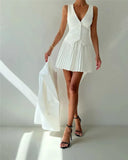 Solid V-neck Vest And Pleated Mini Skirt Set-Outfit
