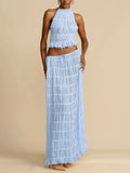 Halterneck Ruched Open Back Tie Up Top And Maxi Skirt Set-Outfit