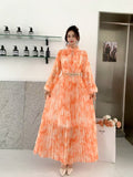 Fongt Light Luxury Temperament Dress Female High-End Feel Strapped Waist Three-Dimensional Flower Lantern Sleeve Print Dress