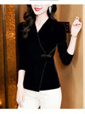 Autumn Soft Velour Tee T Shirt Women Crossed V Neck Full Sleeve Stretchy Slim Tops Tshirts With Beading Buttons-Outfit
