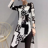 Letter Patchwork Printed T-shirt Spring Autumn Stylish Asymmetrical Folds Female Clothing Casual O-Neck Midi Pullovers-Outfit
