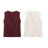 Fongt Women's Clothing 2025 Summer Solid Color Trim Gold Button Knitted Vest Top + Half Skirt Set