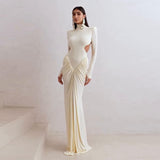 Fongt New Women's Long-Sleeved Folded Splicing Thin Dress Dress Dress