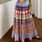 Boho Plaid Patchwork Long Skirt-Outfit