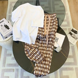 Women's Casual Suits Bear Print O-Neck Short Sleeve Diamond T-Shirt + Checkerboard Elastic Waist Trousers 2 Piece Pants Set