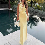 Fongt Women's Dress V-Neck Hanging Neck Solid Color Dress Three-Dimensional Lace Decoration Women 8143