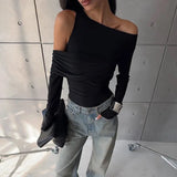 Black Asymmetrical Cut Out Off Shoulder Long Sleeve Top-Outfit