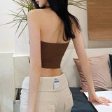 Fongt New 2024 Spring Women's Solid Color Sexy Strap Hanging Neck Pleated Slim Crop Small Vest-Outfit