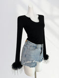 Fongt Thousand Years Royal Sister Wind Black Hot Jacket Early Spring U Collar Slim Thin Feathers Long Sleeve Bottom Shirt-Outfit