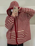 Hooded Striped Long Sleeve Knit Cardigan-Outfit
